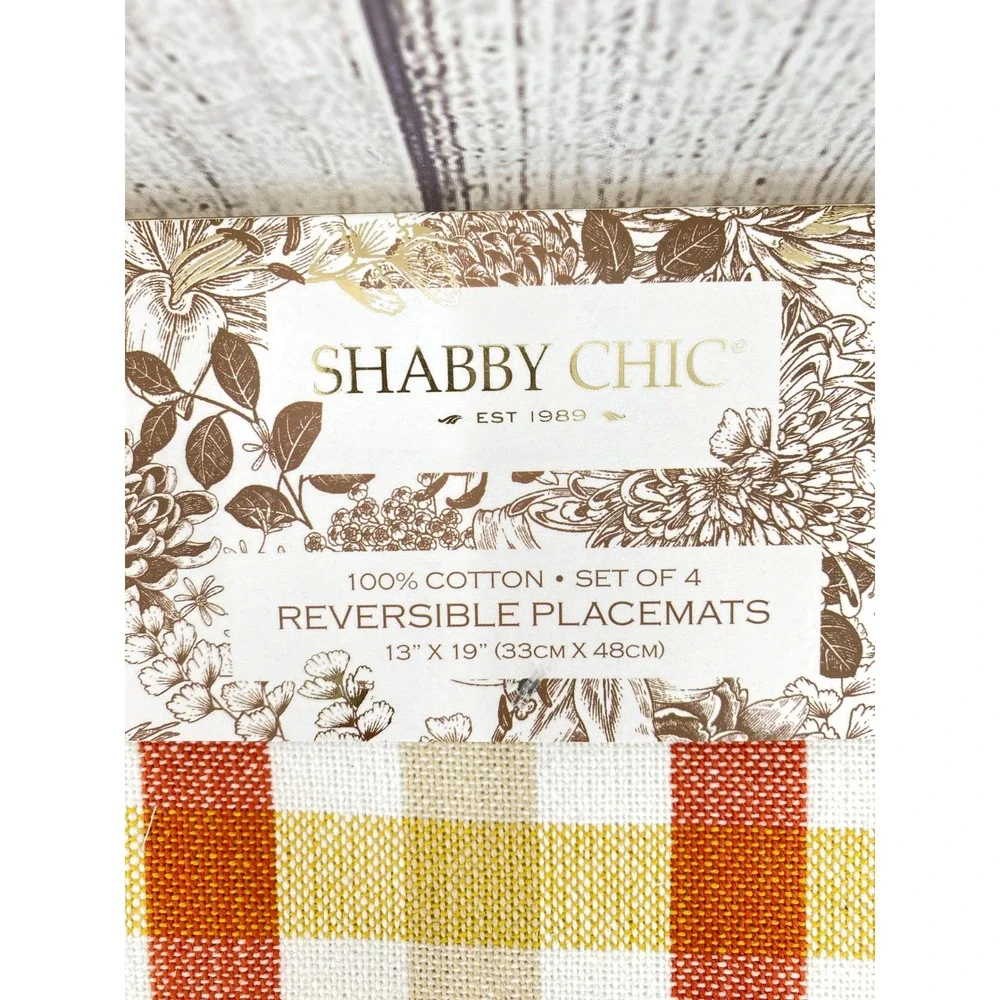 Shabby Chic Placemats (4) 13x19 Pumpkin Plaid Cotton Reversible Thanksgiving